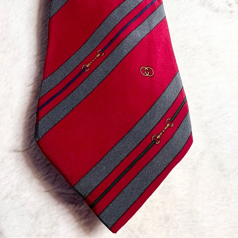Vintage Gucci Silk Monogram Horsebit Tie Red Gray Vertical Striped Navy Gold